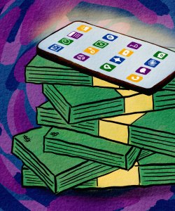 A digital illustration of a phone with a glowing screen of apps resting atop a disorganized stack of cash.