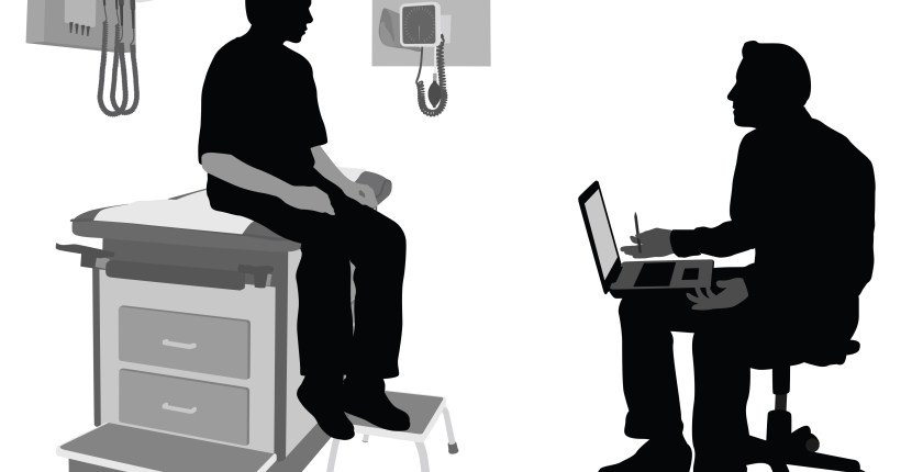 A black and white vector illustration of a pediatrician talking to a teenager in an exam room.