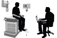 A black and white vector illustration of a pediatrician talking to a teenager in an exam room.