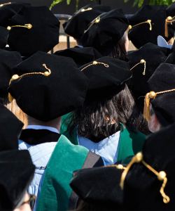 A photo of medical students at a graduation ceremony. They are seen from behind with their graduation tams and tassels facing the camera.