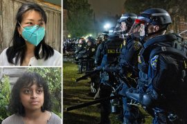 Two photos of medics who were at UCLA during the pro-Palestine protests shown next to a photo of a line of police on the night of the protests.