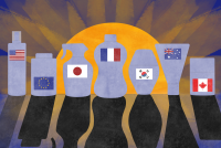 A digital illustration of differently shaped sunscreen containers lined up in front of a shining sun. The containers each have a flag on it, including those of the United States, the European Union, Japan, France, South Korea, Australia, and Canada.