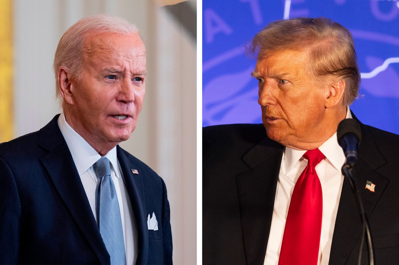 Two photos are shown side by side. The left is of President Joe Biden; the right is of former President Donald Trump.