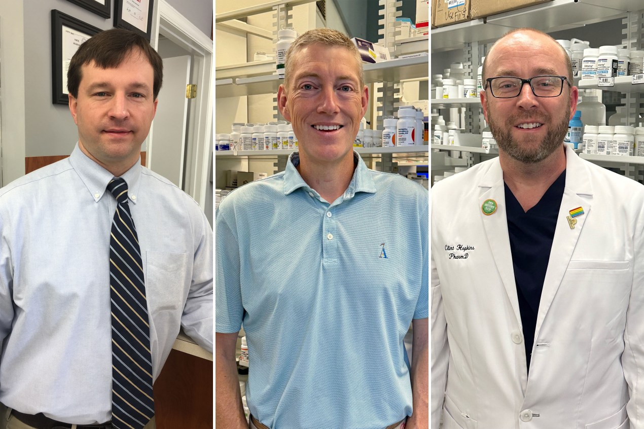 Vertical images of three men, side by side. the first poses for the camera wearing a shirt and tie; second wearing a blue polo and smiling in front of shelves of prescriptions; third wearing a white coat and glasses, smiling in front of shelves of prescriptions.