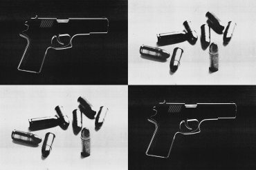 A photo illustration of four black and white images collaged: two handguns in silhouette and two bullet casings.