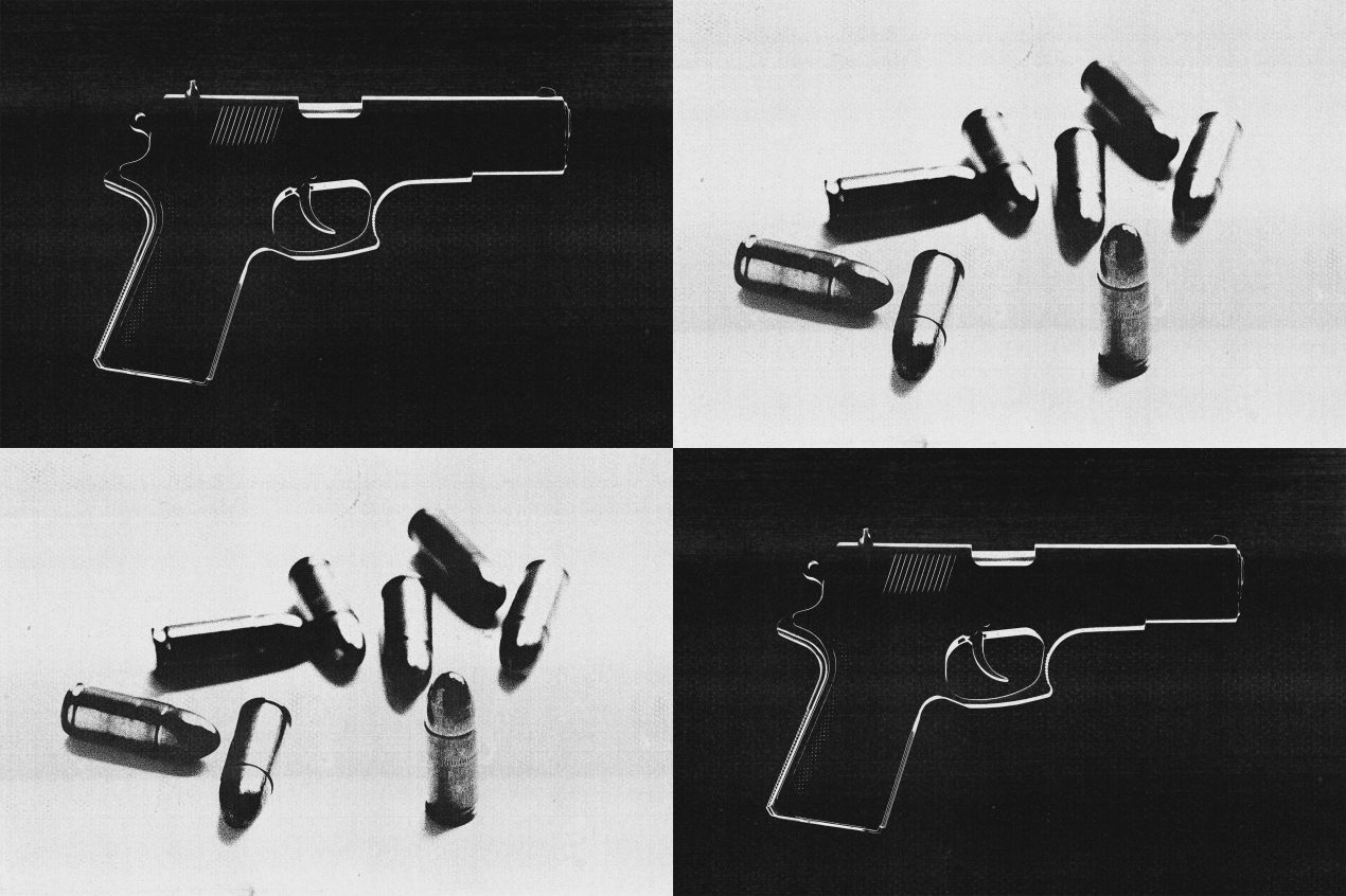 A photo illustration of four black and white images collaged: two handguns in silhouette and two bullet casings.