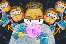 An illustration drawn with pencil and colored digitally shows a scientist-type man in the center of the image. He holds two halves of an Ozempic-like injector in his gloved hands and pours a mysterious liquid from one side to the other. Behind him, corporate copycats, drawn as floating heads and hands, watch to steal his formula while they manipulate their own mysterious liquid. The floating copycats repeat into the background.
