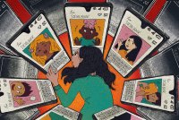 An digital illustration of a teen girl surrounded by a circle of giant cell phones, creating a vortex around her. On the screens of the phones closest to her are images of her friends. The screens further back have gone black.