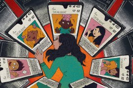 An digital illustration of a teen girl surrounded by a circle of giant cell phones, creating a vortex around her. On the screens of the phones closest to her are images of her friends. The screens further back have gone black.