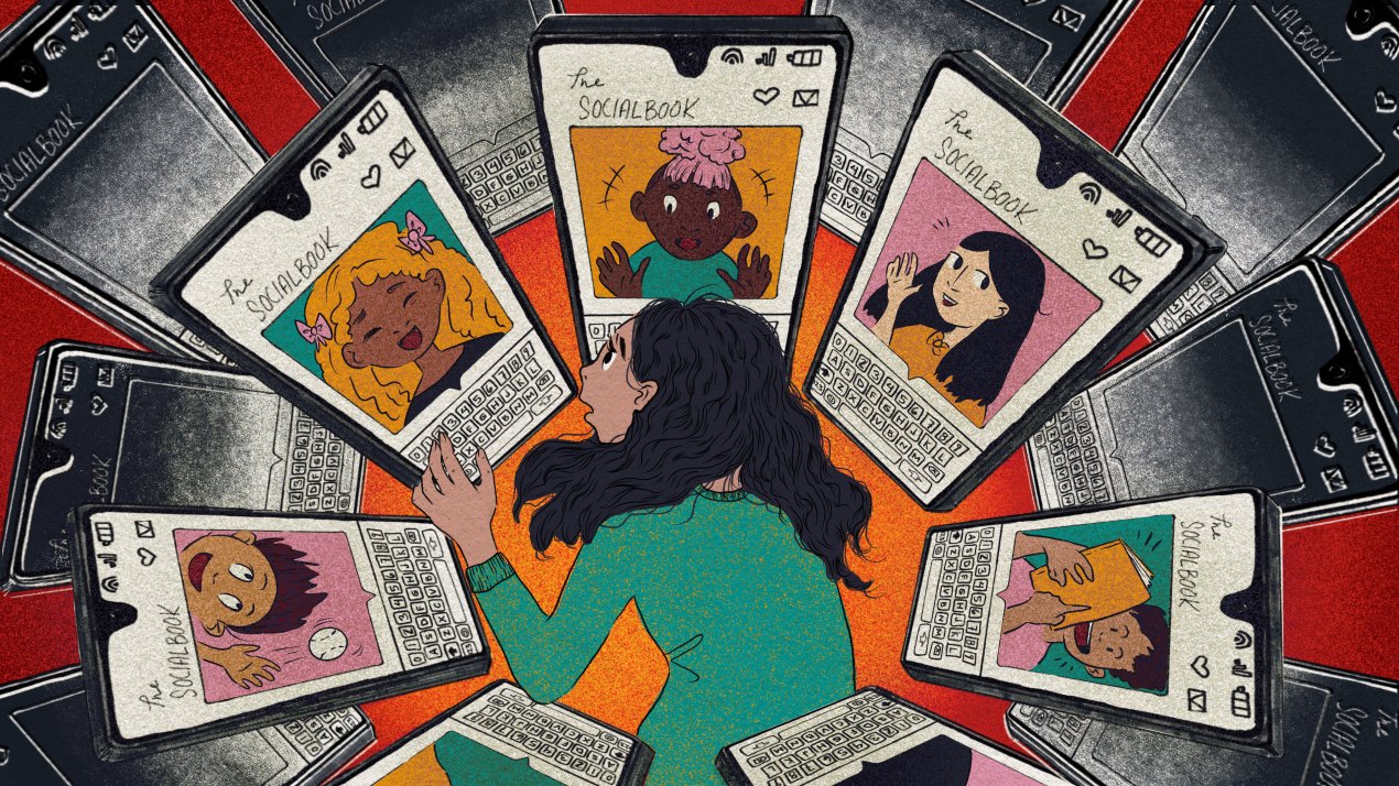 An digital illustration of a teen girl surrounded by a circle of giant cell phones, creating a vortex around her. On the screens of the phones closest to her are images of her friends. The screens further back have gone black.