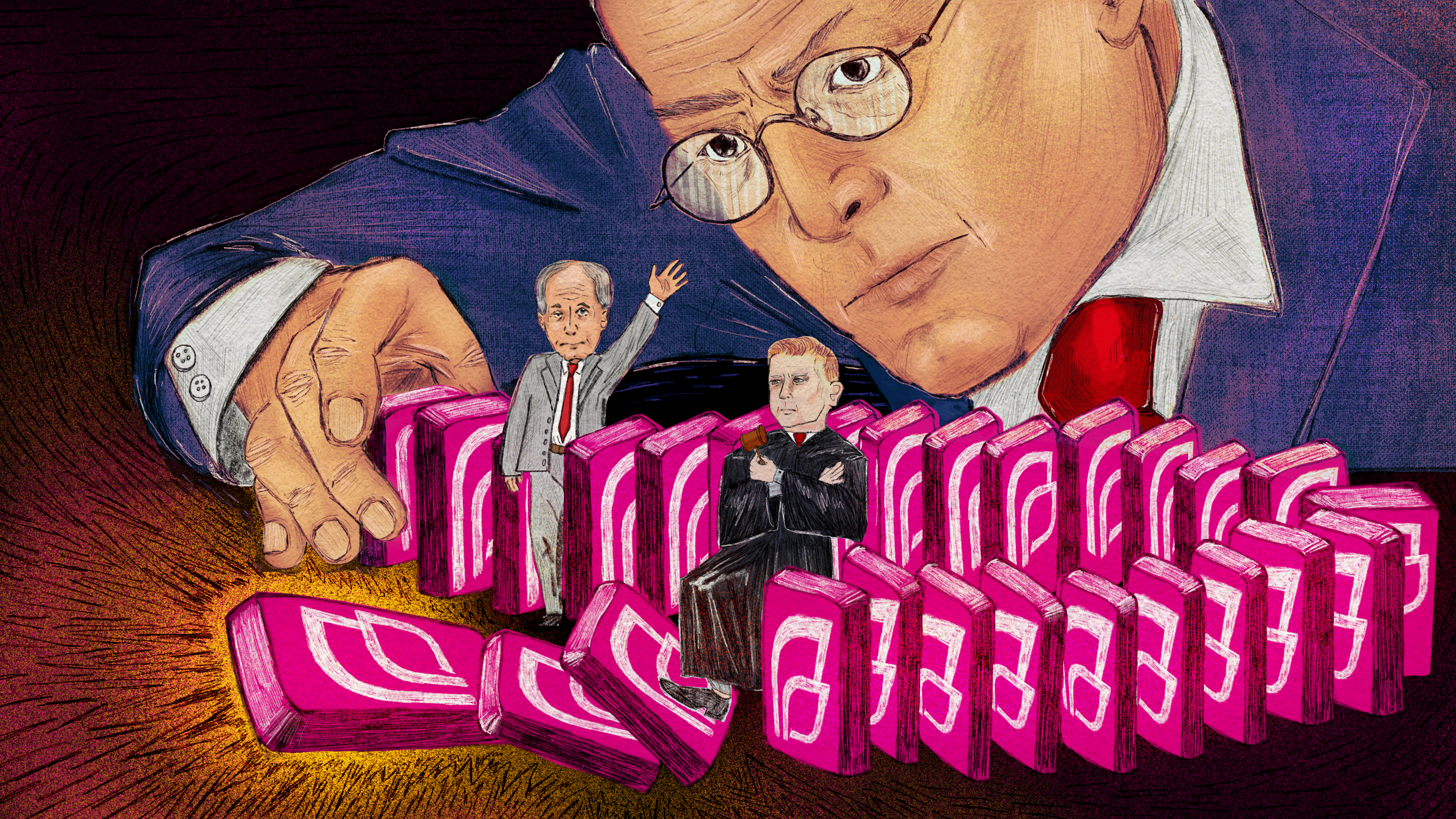 An illustration, drawn with pencil and digital marker, of Leonard Leo lining up pink dominos that have the Planned Parenthood logo on them. Ken Paxton and Matthew Kacsmaryk are in line with the dominos, helping Leo get them in place.