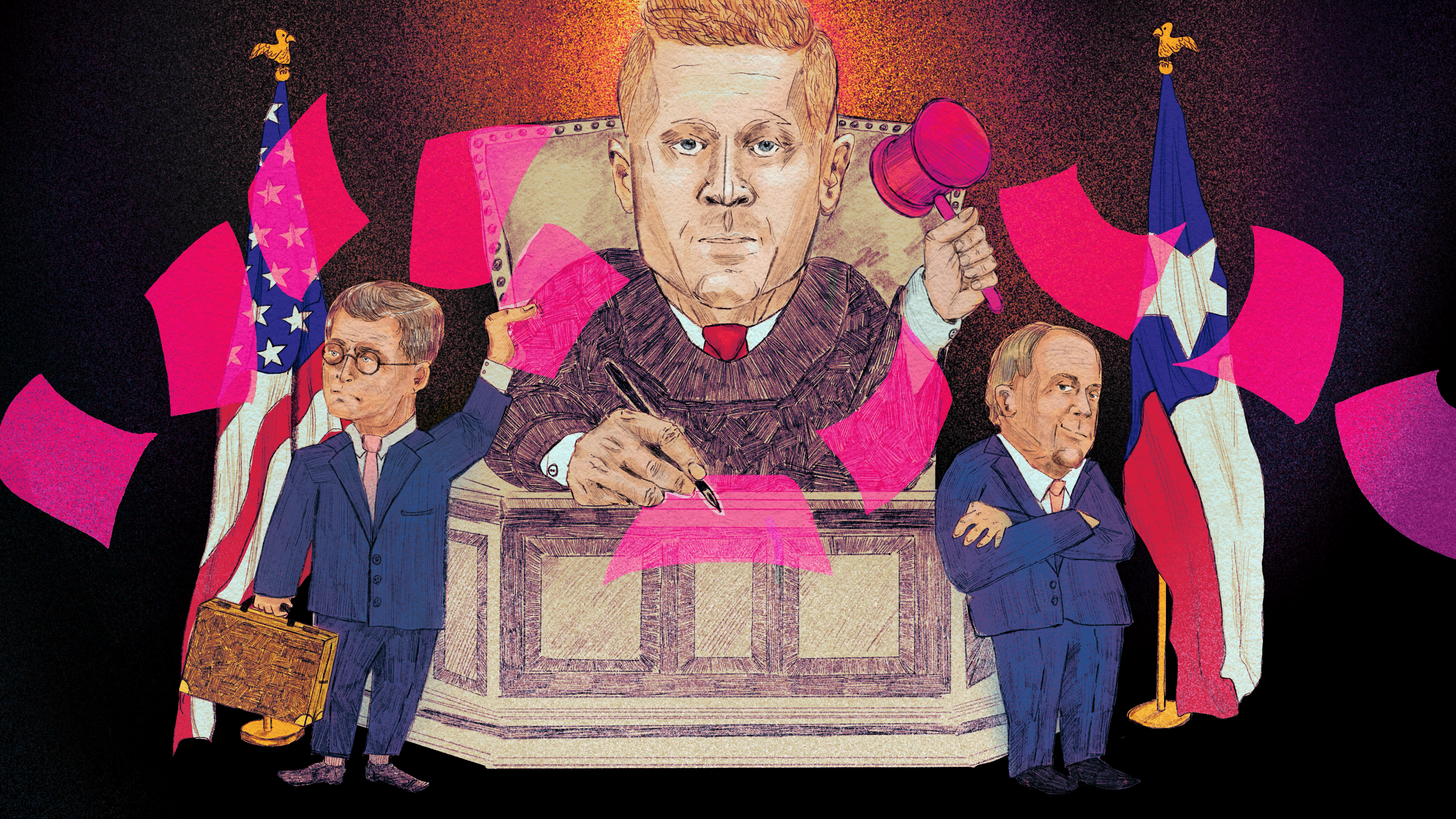 An illustration, drawn in pencil and colored with digital marker, shows judge Matthew Kacsmaryk sitting at the bench of a courtroom signing pink papers. Leo Leonard is to the left, handing him papers. Ken Paxton is to the right.