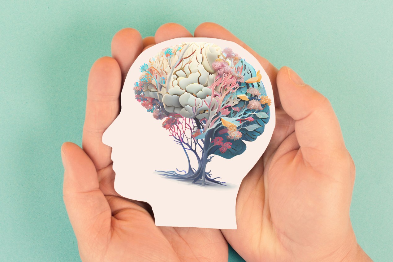 A photo illustration of a set of hands holding the silhouette of a human head, with the brain surrounded by blooming flowers and trees, suggesting mental health support.