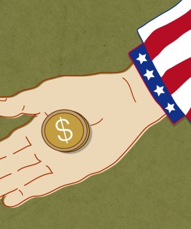 A digital illustration of an outstretched hand holding a gold coin with a dollar sign on it. The sleeve around the person's wrist had white stars on a blue background and red and white stripes.