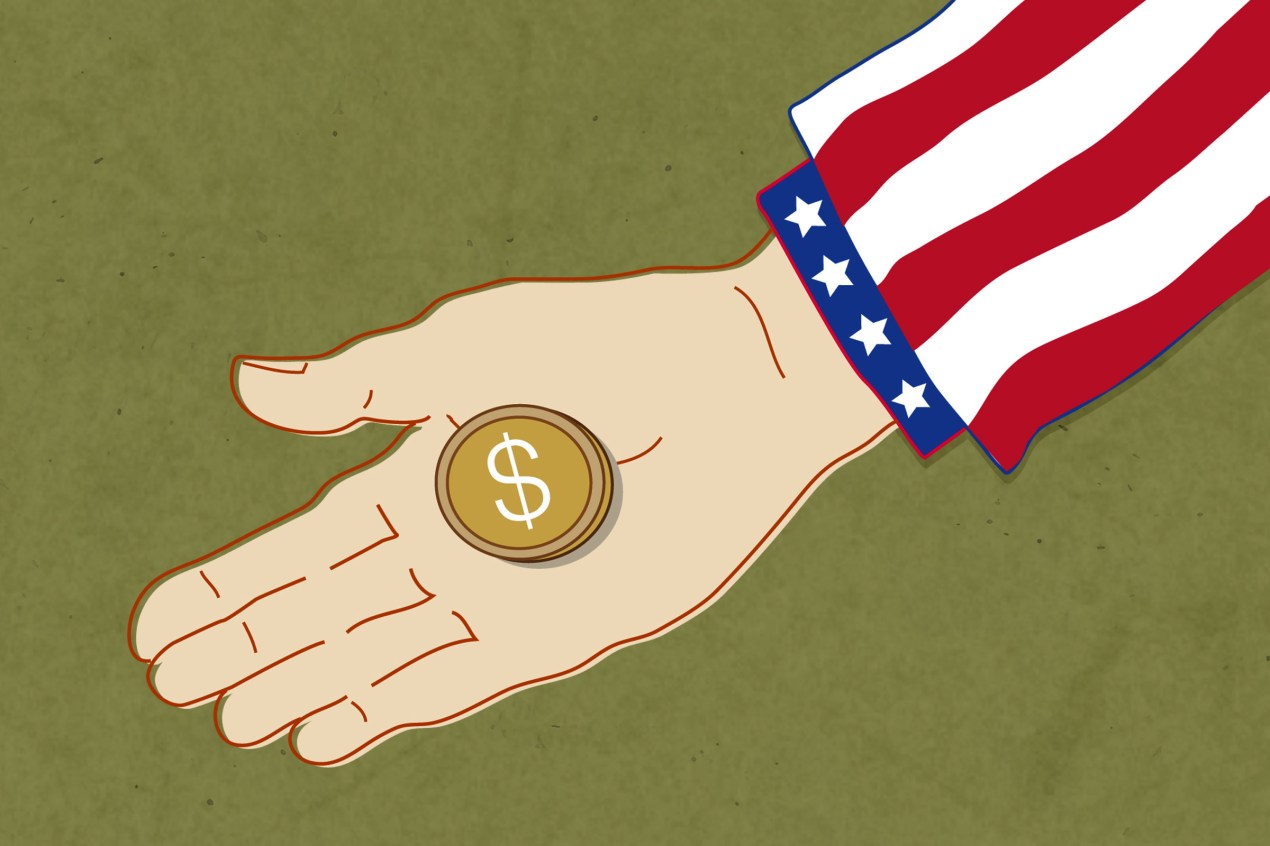 A digital illustration of an outstretched hand holding a gold coin with a dollar sign on it. The sleeve around the person's wrist had white stars on a blue background and red and white stripes.