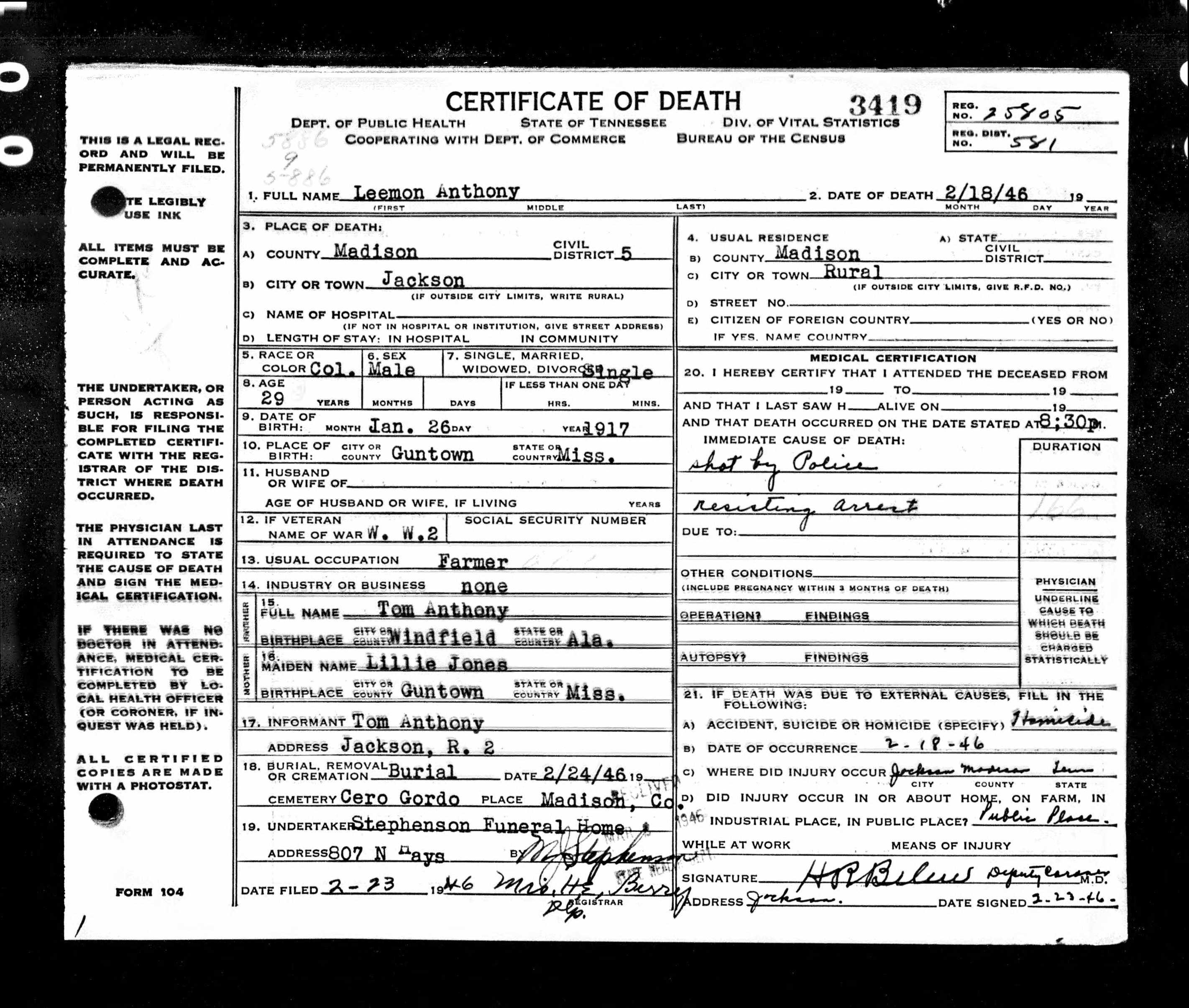 A scan of a death certificate from 1946.