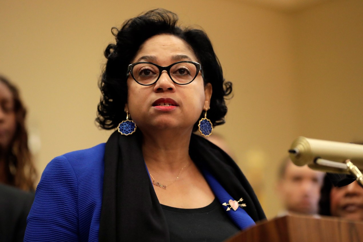 A photo of Maryland Delegate Joseline Peña-Melnyk speaking at a news conference on January 8, 2020.