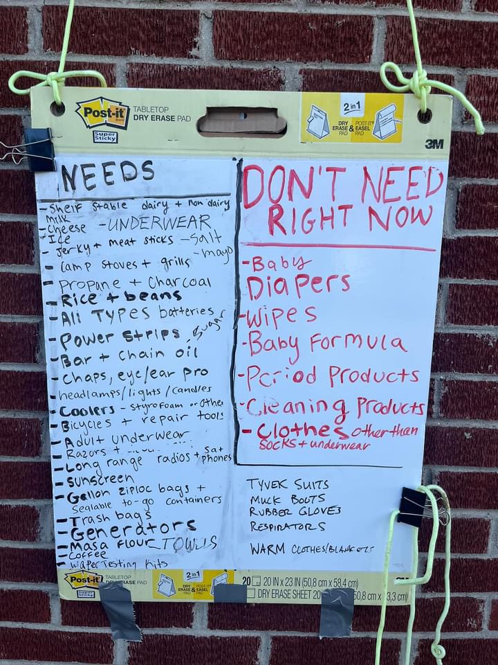 A photo of a list of items needed and not needed. The list shows that warm clothes, shelf-stable dairy products, rice, beans, underwear, and other products are needed. Baby diapers, period and cleaning products, and baby formula are not needed.