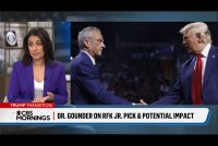 A still from a broadcast of Céline Gounder on CBS News and a still image of President-elect Donald Trump shaking hands with Robert F. Kennedy Jr. The chyron reads "Dr. Gounder on RFK Jr. pick and potential impact."