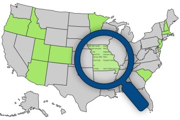 A digital illustration of the United States where 12 states are highlighted and a magnifying glass focuses on Missouri where text from an opioid settlement fund report is shown within the state borders.