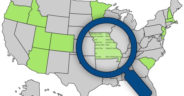 A digital illustration of the United States where 12 states are highlighted and a magnifying glass focuses on Missouri where text from an opioid settlement fund report is shown within the state borders.