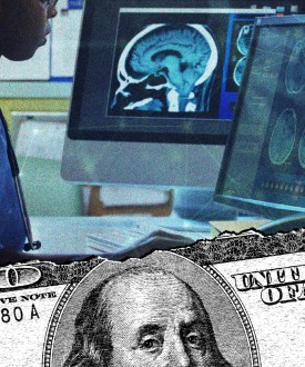 A photo illustration of a woman working at a computer in a medical setting. A hundred-dollar bill is layered on top.