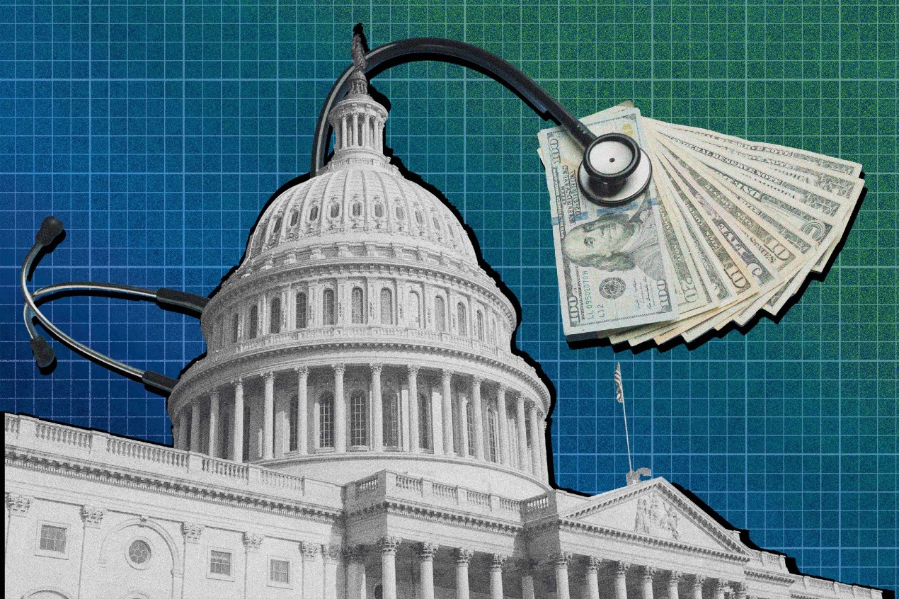 A photo illustration showing a stethoscope and hundred dollar bills coming from behind the U.S. capitol building.