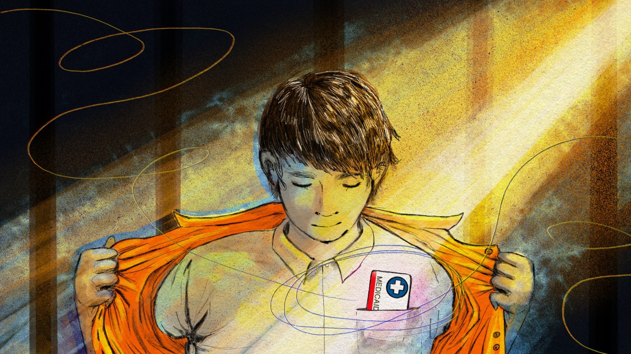 An illustration of a teen walking toward the viewer, and away from a shadowy background of prison bars. They are taking off an orange prison shirt, revealing a white button down that has a Medicaid card in the chest pocket. A warm, golden beam of sunlight highlights the card and illuminates the teen's front.