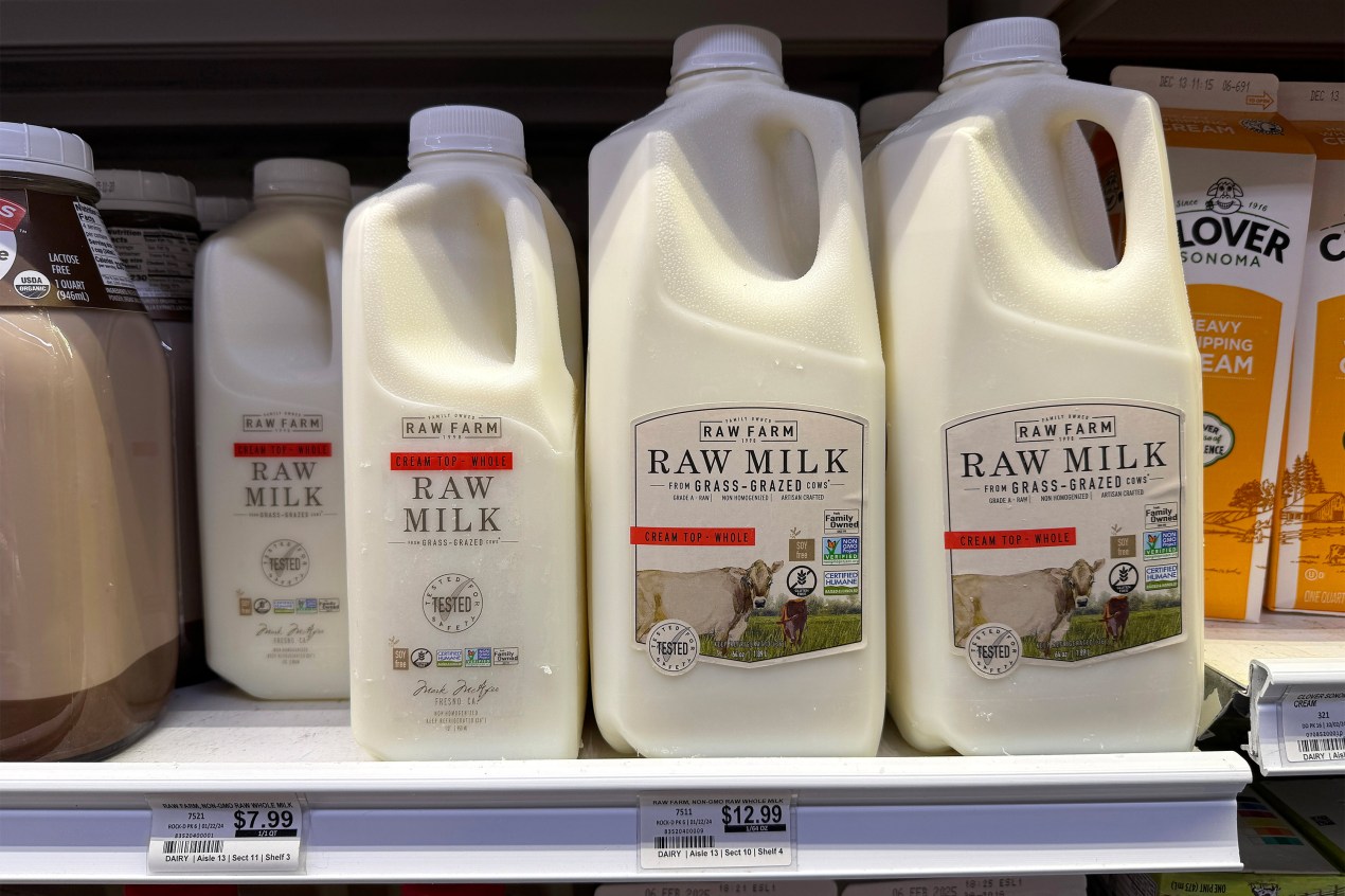 A photo shows jugs of raw milk for sale at a grocery store.