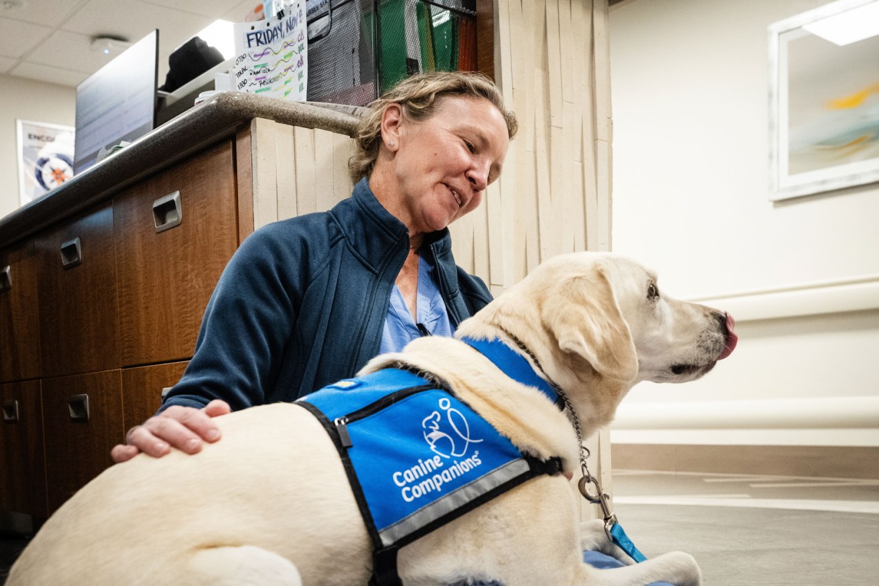 A photo of an OB-GYN petting a dog.