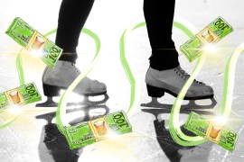 A close-up photo of an ice-skater's shoes while they stand on the ice. Surrounding the skater are illustrated green and white lines swooping around, along with stacks of dollar bills.