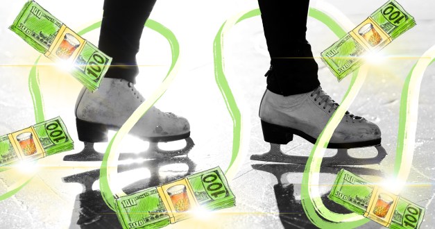 A close-up photo of an ice-skater's shoes while they stand on the ice. Surrounding the skater are illustrated green and white lines swooping around, along with stacks of dollar bills.