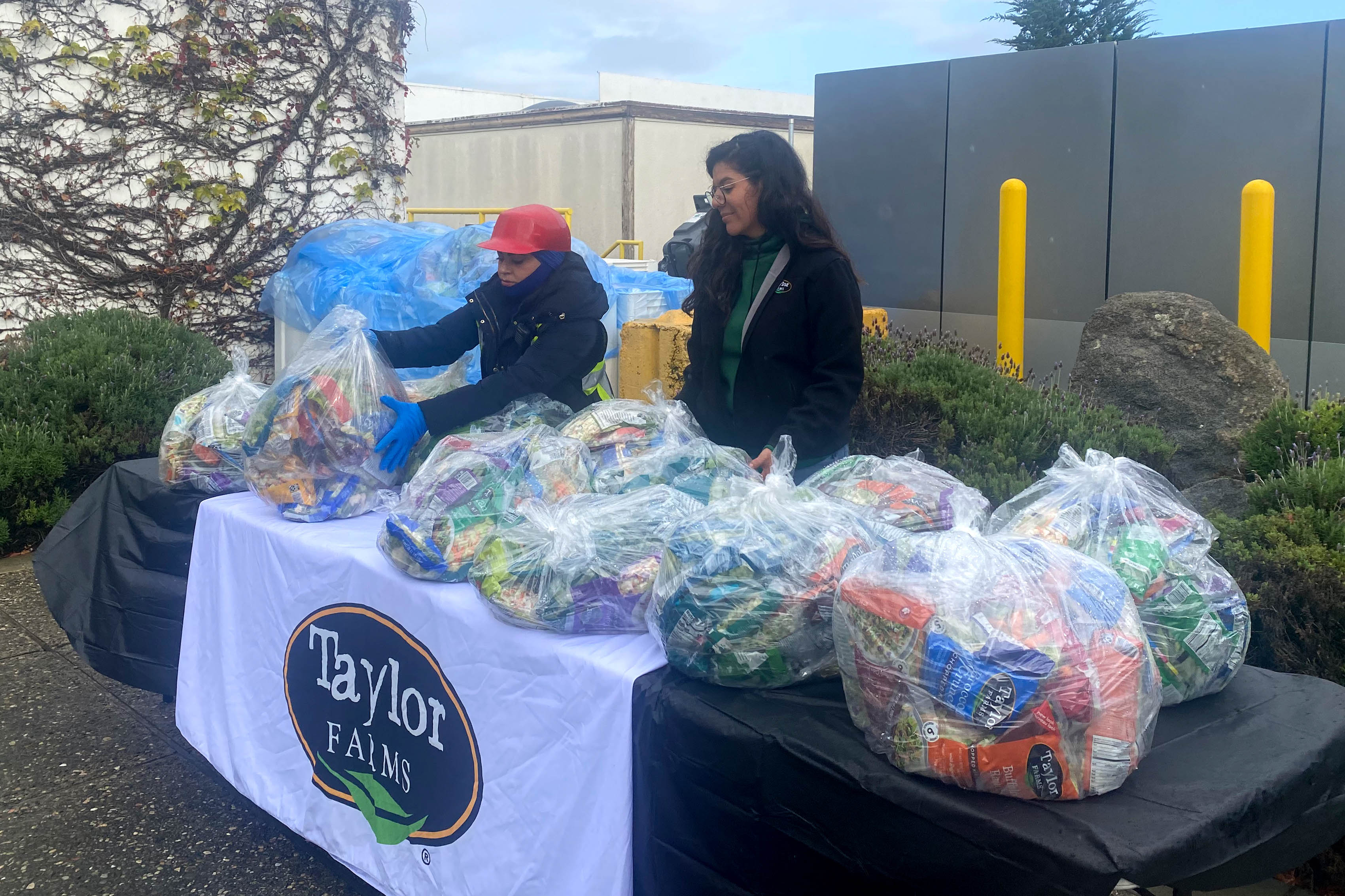 Two people are standing at a table outdoors. They wear warm winter clothes. The table is full of bags of produce. A fabric sign hangs off the table that says "Taylor Farms."