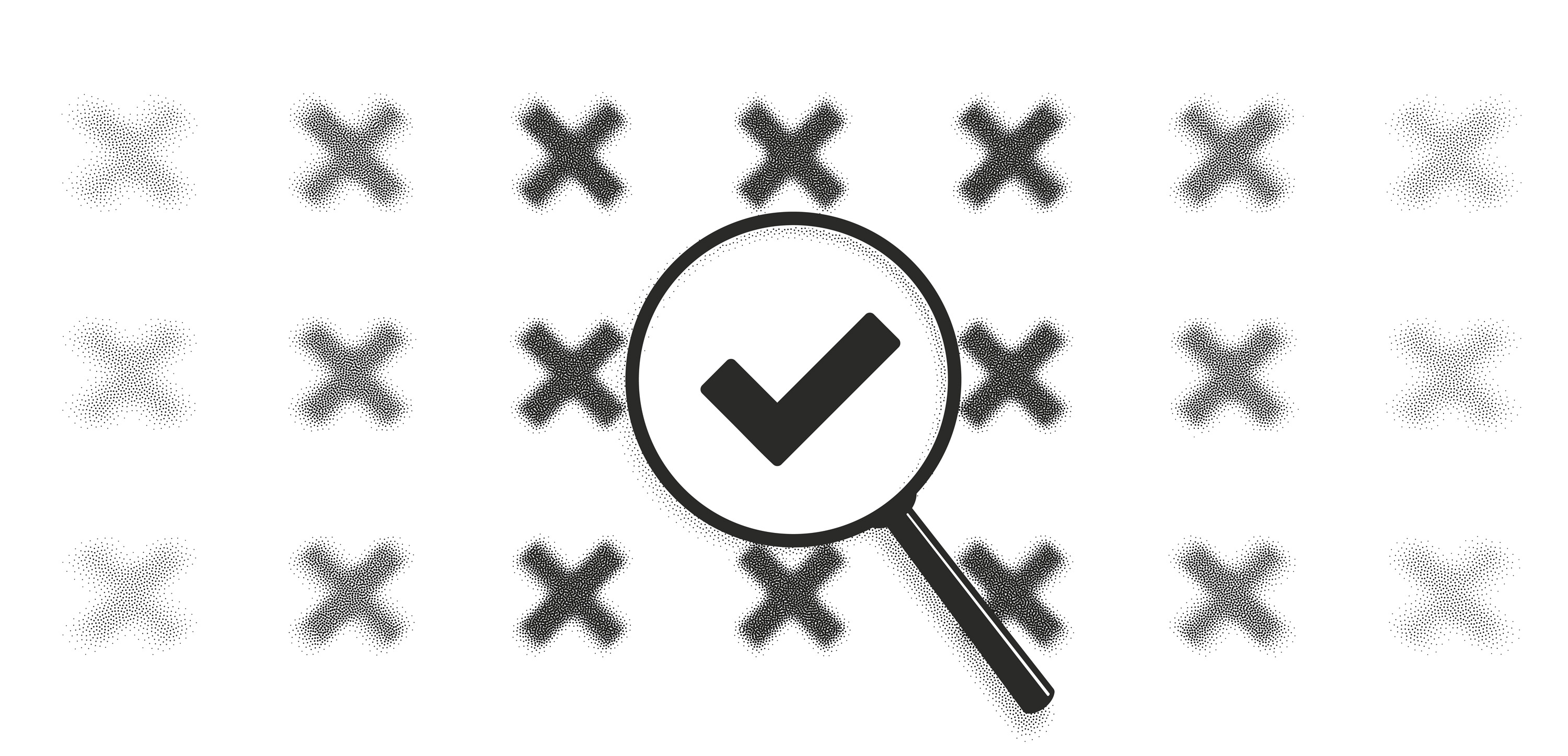 An illustration of a magnifying glass magnifying a check mark in the midst of a field of blurred X marks.