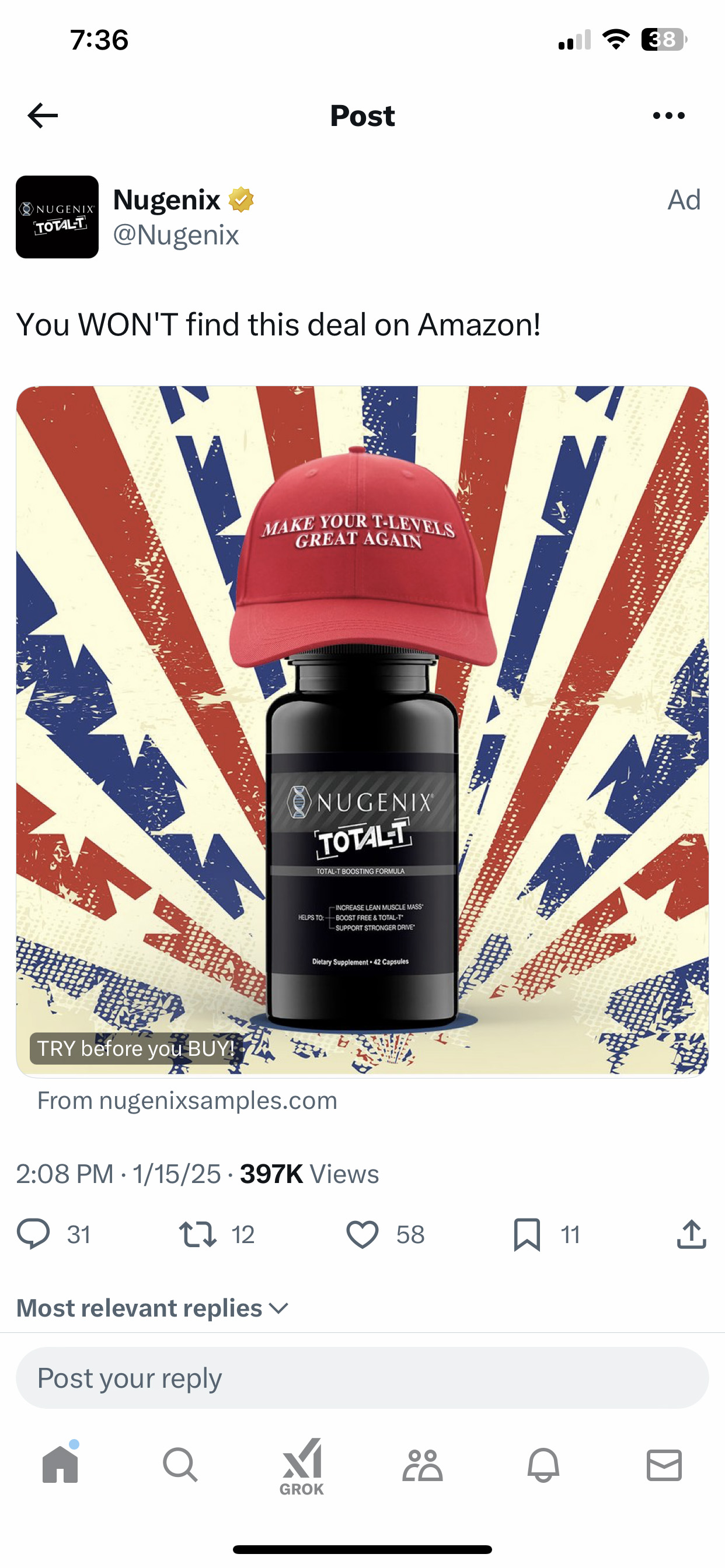 A screenshot of an ad that shows a black pill bottle with a red baseball cap on top against an American flag-patterned background. The hat says, "Make Your T-Levels Great Again."