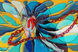 A digital illustration of a woman on a red cell phone with a red chain hovering around her. Blue speech bubbles spread out with a liquid heaviness around her. She has a pained expression.