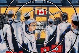 An illustration drawn in pen and ink and colored lightly with watercolor shows a crowd of doctors gathering around an airline gate for a flight to Canada. The doctor in the center looks back at the viewer with an expression that shows concern and remorse.