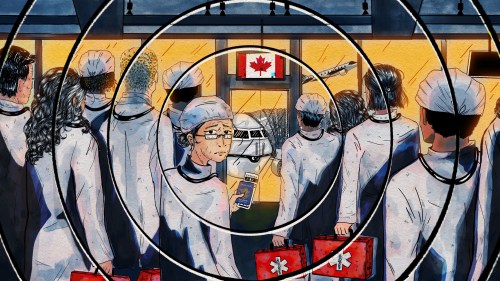 An illustration drawn in pen and ink and colored lightly with watercolor shows a crowd of doctors gathering around an airline gate for a flight to Canada. The doctor in the center looks back at the viewer with an expression that shows concern and remorse.