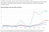 A line chart of reported dengue cases per million residents in Florida, California, the U.S., and Texas from 2015 to 2024 showing that rates have been rising since 2021 and Florida's rate at least two times of the other metrics in 2024.