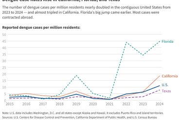 A line chart of reported dengue cases per million residents in Florida, California, the U.S., and Texas from 2015 to 2024 showing that rates have been rising since 2021 and Florida's rate at least two times of the other metrics in 2024.