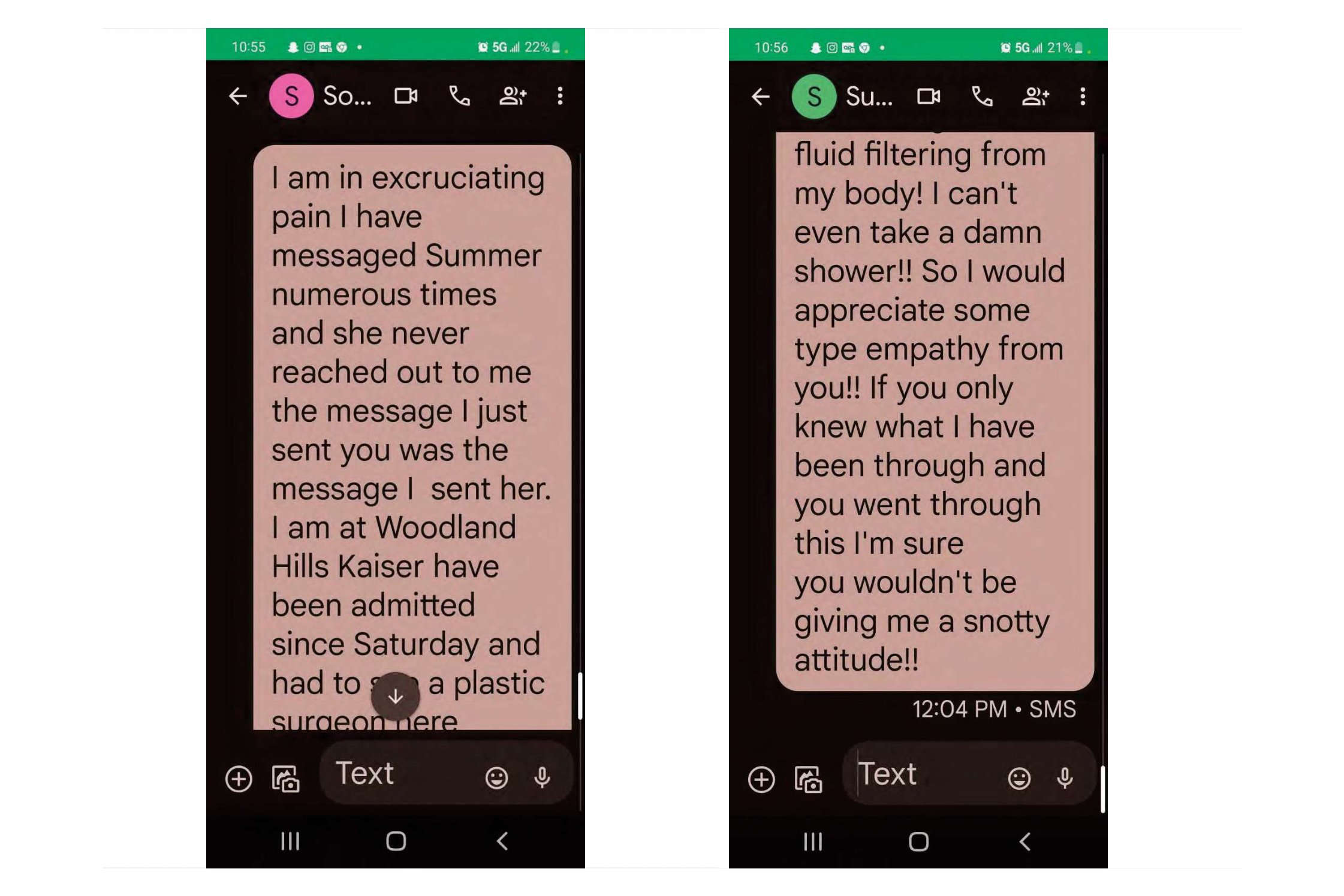 Gli screenshot di due conversazioni di testo sono mostrati uno accanto all'altro. Il primo recita: