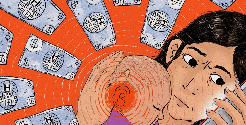 An illustration of a woman holding a baby to her chest with her left arm, while holding a phone to her ear with her right hand. She has a concerned expression as she holds her baby close. Sound waves radiate out from the baby's ear, and dollar bills float around them.