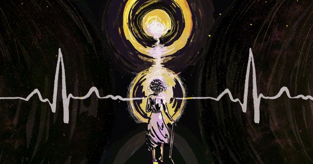 A digital illustration of the silhouette of an elderly woman bravely facing a glowing, moon-like sphere in a galactic abyss.