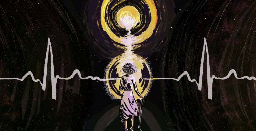 A digital illustration of the silhouette of an elderly woman bravely facing a glowing, moon-like sphere in a galactic abyss.