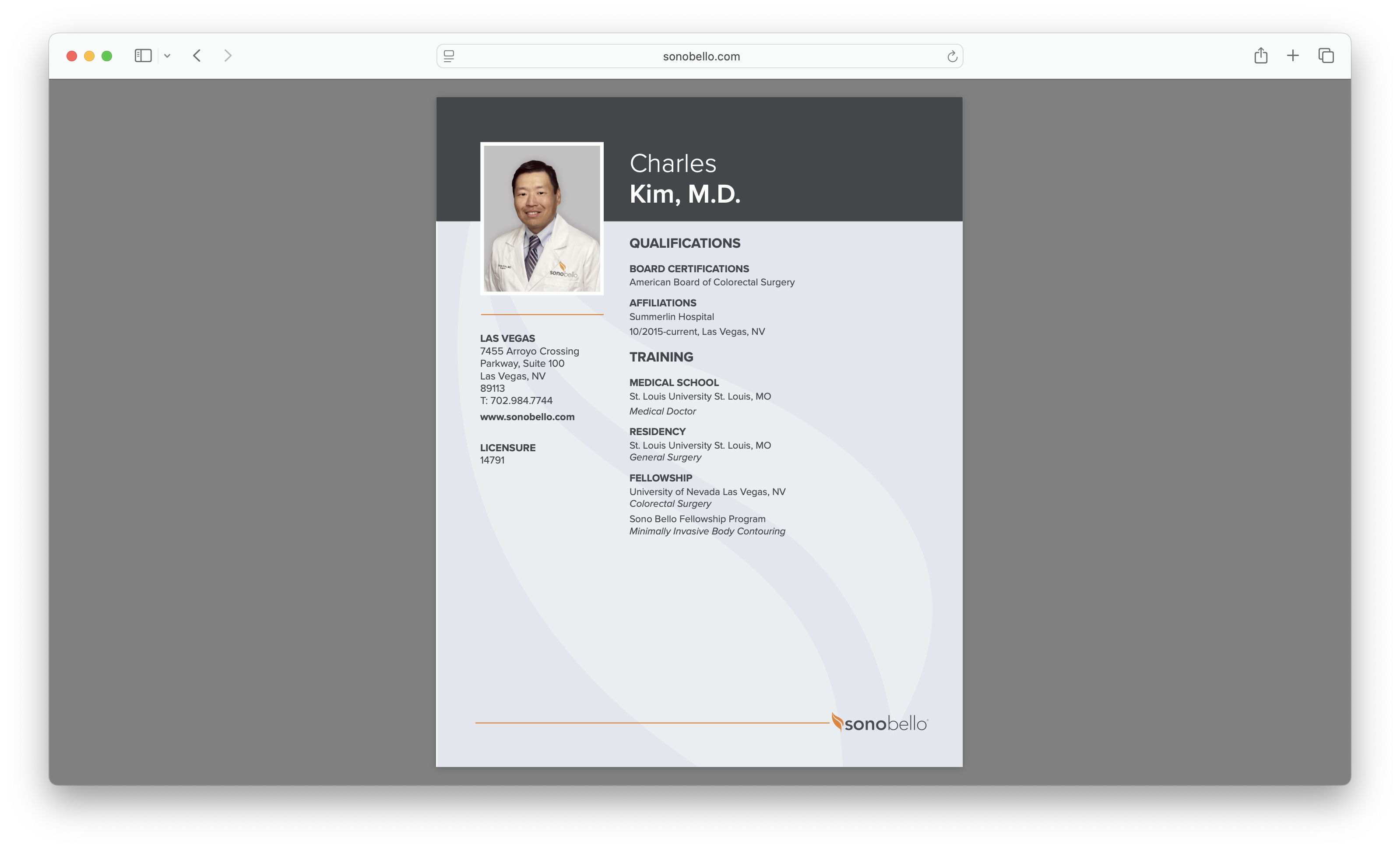A screenshot of the bio page PDF for Andrew Hsu on the Goals Plastic Surgery website.