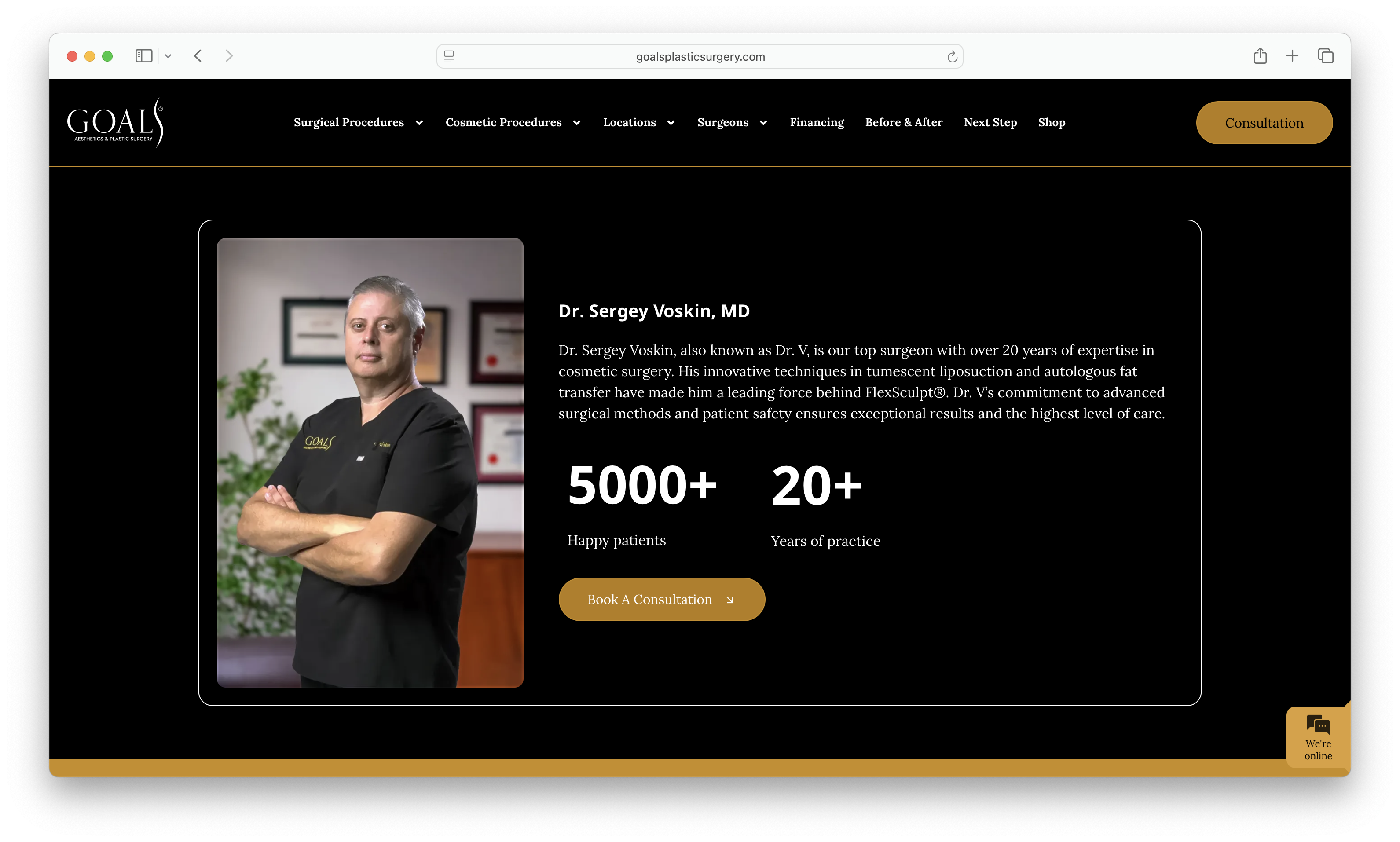 A screenshot of the bio page for Sergey Voskin on the Goals Plastic Surgery website.