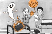 A cartoon drawing of a patient being handed a bill in a hospital room. In the foreground, the patient's wallet bursts into flames, and its ghost floats up from its fiery form.
