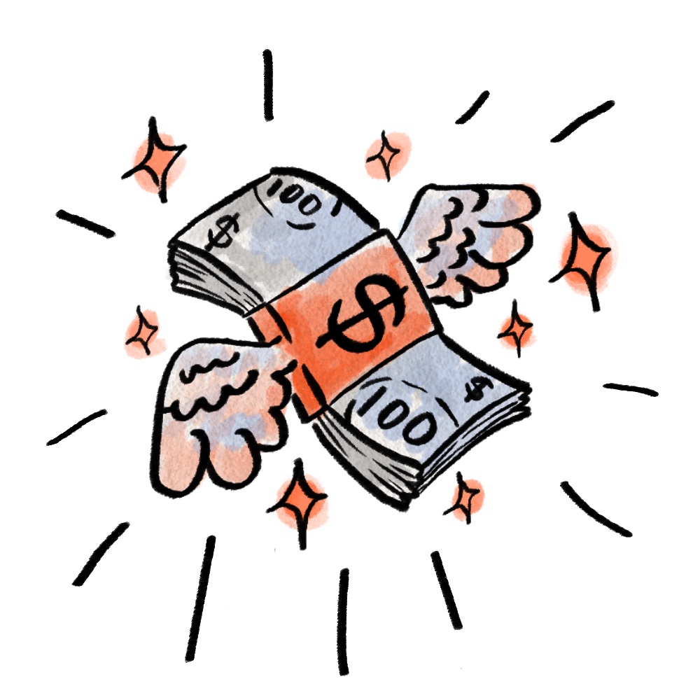 A cartoon drawing of flying money.