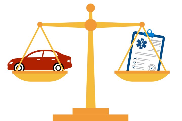 A vector illustration of a balance scale with a red car in the right pan and a document on a clipboard representing health insurance in the right pan.