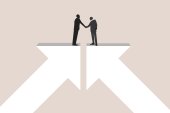 An illustration shows two businessmen shaking hands. Each stands on an arrow pointing upward, meeting in the middle.